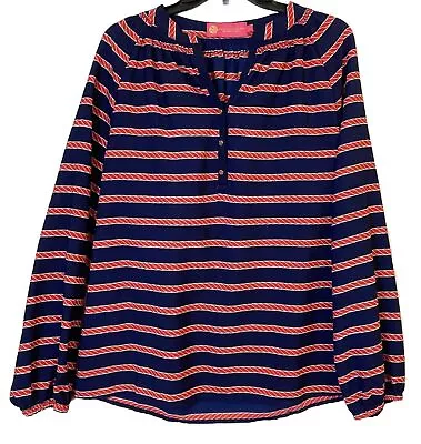 Macbeth Collection Top Size L Margaret Josephs Henley Navy Rope Print Nautical • $12.88