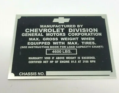 $55 • Buy Chevrolet Chevy 1/2 Ton Pickup Truck ID Identification Plate 1942-1946 STAMPED