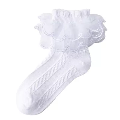 Girl Retro White/Pink Fancy Ankle Ruffle Frilly Short Lace Cotton Socks 4-10Y • $9.90