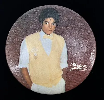 Vintage Michael Jackson Pinback Button Pin Yellow Sweater Vest Brown Background • $15