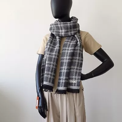 360€ Missoni Wool Scarf Embroidered Logo Tartan Check Frayed Trim Made In Italy • $58.99