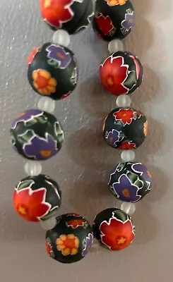 Vintage Cloisonne Green-Red-Flowers Beaded Necklace • $35