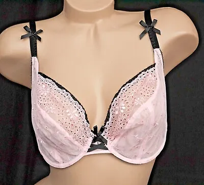 M&S Ceriso Bra 34DD 34F Blossom Pink & Black Sheer Lace Bows Frilly Lace Up • £14.98