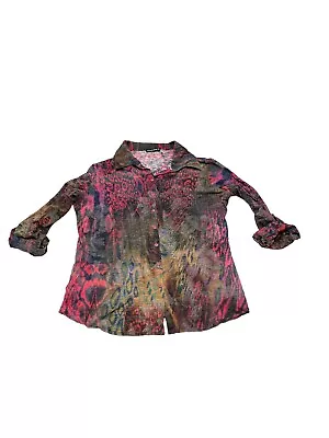 David Kline Snap Blouse Crinkle Abstract Red Yellow Black Sz M Roll Tab Sleeves • $32