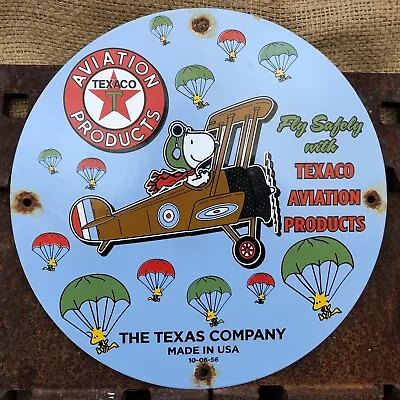 Vintage 1956 Dated Texaco Aviation Products Snoopy Woodstock Porcelain Gas Sign • $41