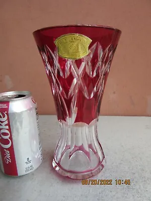 Val St. Lambert Belgium Crystal Glass Red Cut To Clear 8  Corset Vase  • $69