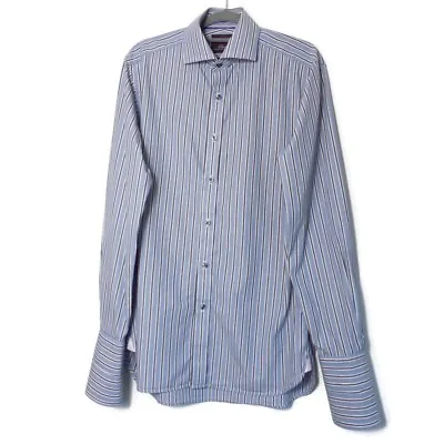 Sartorial Shirt M&S Mens Size 15 Double Cuff Blue Striped 100% Cotton French Uk • £8.99