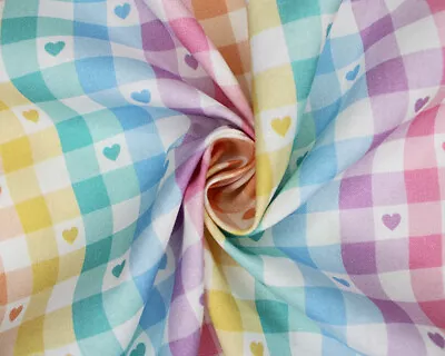 100% Cotton Fabric  Love Hearts Rainbow Gingham Check Craft Fabric Material • £6.99