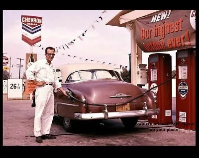 $5.48 • Buy 1950s Chevron Gas Station PHOTO Standard Oil Service Attendant Car Vintage Pumps