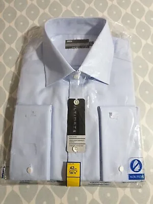 NEW M&S Ultimate Mens Pure Cotton Non Iron Shirt 16.5  42cm Double Cuff Blue • £24.99