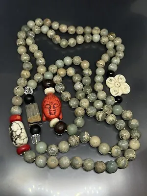 Vintage Jadeite Jasper Wood Red And White Coral Buddha Beaded Necklace 52” • $175
