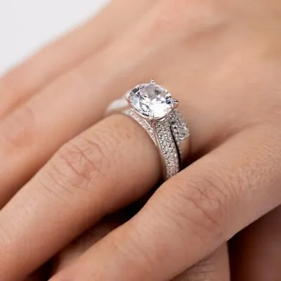 Sterling Silver Micro Pave Shank Bridal Ring Lab Simulated Flawless Diamonds • $98.73