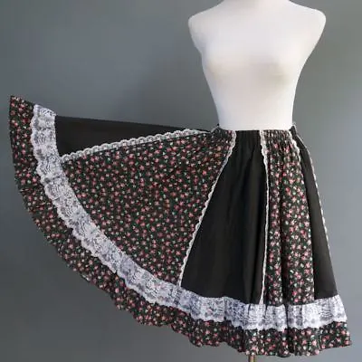 VTG 70s 80s Pitchfork Country Western Square Dance Circle Skirt Black Floral S M • $29.99