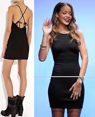 Rihanna River Island Black Mini Dress UK6 /XS/ EU34 Bow Open Back Tie Strap Sexy • $100