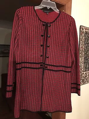 Ming Wang Cardigan Jacket Red Black Acrylic Single Hook L Large Side Slits NWOT • $65