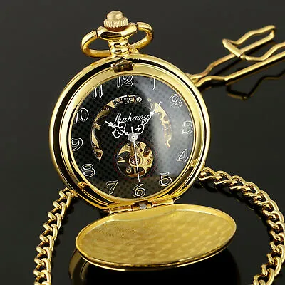 Mens Pocket Watch Mechanical Gold Case Hollow Hands Chain Hand-winding Luxury • $17.06