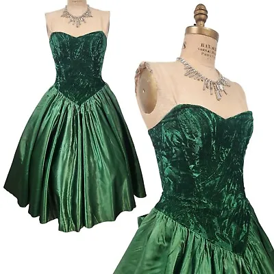 Vtg 80s Prom Dress Sz M 50s Style Green Crushed Velvet Strapless Flare Zum Zum M • $79.99