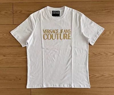 Versace Jeans Couture T-shirt LARGE Size GOLD Logo Print WHITE Cotton • $82