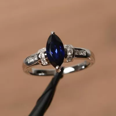 1Ct Marquise Cut Lab-Created Blue Sapphire Engagement Ring 14K White Gold Plated • $90.71