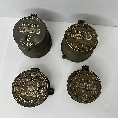 LOT Of 4 Vintage Water Meter Brass Covers Trident Neptune Co New York Hersey • $40