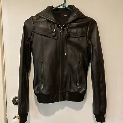 Vintage Black Bardot Leather Jacket With Hood Size 10 Excellent Condition Coat • $120