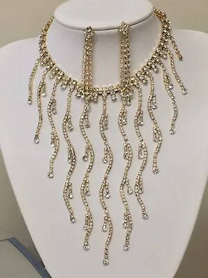 Chandelier Wedding Party Necklace Set Gold Colour With Shine Rhinestones • $29