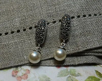 My S Collection 925 Sterling Silver & Marcasite Pearl Drop Earrings • £36.90