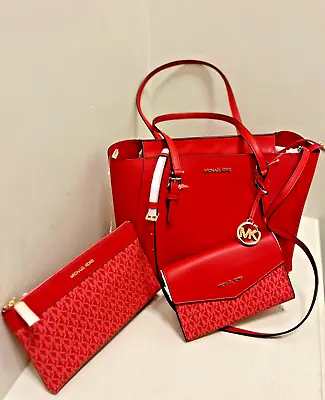 Michael Kors Charlotte Large 3-in-1 Tote Crossbody Handbag Leather In Bright Red • $175