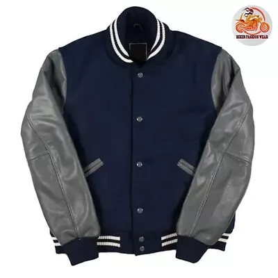 American Bomber Lettermen Baseball Varsity Jacket Blue Wool/Gray Leather Sleeves • $94.99