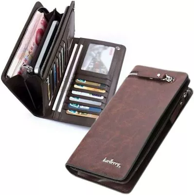 Men Long Wallet Genuine Leather Billfold Zip Around Checkbook Wallet Card Holder • $13.99