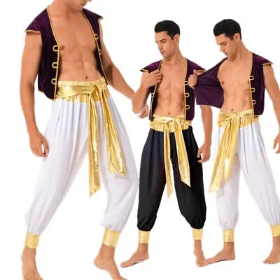 £11.99 • Buy IEFiEL Mens Arab Prince Costume Halloween Golden Waistcoat Harem Pants Cosplay