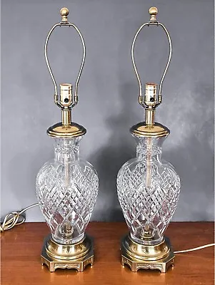 Pair Vintage Frederick Cooper Lead Crystal Glass & Brass Lamps Waterford Style • $585