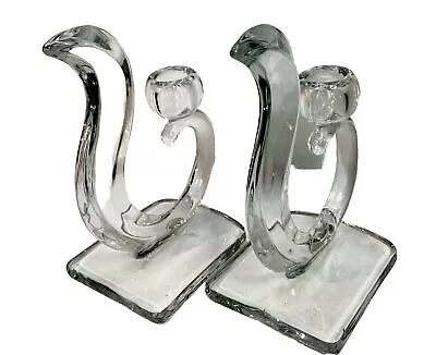 Vintage Candle Holders Martinsville Squirrel Tail Clear Thick Glass Taper Set 2 • $14