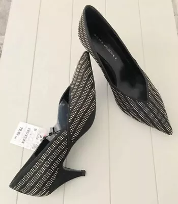 Zara Shiny Stud Lined V-Vamp Mid Heel Shoes Size UK 4 BNWT RRP £79.99 LAST PAIR • £49.99