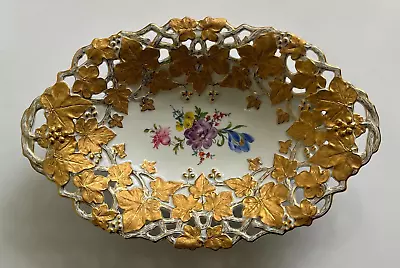 GILDED MEISSEN (GERMANY) OVAL CEREMONIAL PORCELAIN BOWLwith FLORAL DECORATION. • $350