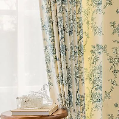 Floral Curtains For Living Room Chenille Printed Blue Indigo Vintage Flower L... • $64.91