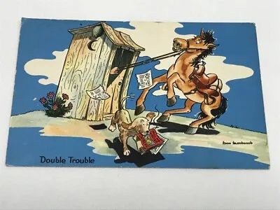 Vintage Postcard Funny Humor Double Trouble Outhouse Dog Puppy Horse Posted 1952 • $2.97