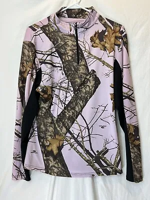 Mossy Oak Long Sleeve Pink  Break-Up Camo Shirt Large Wicking Hunting 1/4 Zip • $7.99