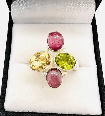 $99.99 • Buy Sterling Silver Modernist Ruby Citrine Peridot Ring 6.3gm Size 7 Vintage Jewelry