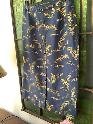 £12 • Buy WoolOvers Linen Tropical Printed Blue /Yellow Skirt Buttons Side Splits Size 12