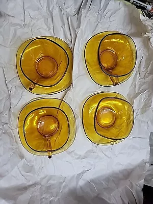 Set Of 8pc Duralex Vereco France Amber Glass 3 Cups 1 Bowl  & 4 Saucers Square • $19