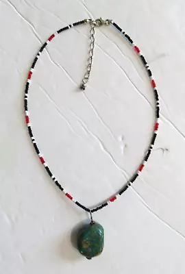 Vintage Southwestern Chunky Turquoise Pendant Coral Onyx Seed Bead 18  Necklace • $27.99