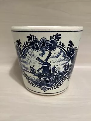 Vintage Delft Blauw Blue Flower Pot Planter Windmill Flowers Holland Crown 5” W. • $20