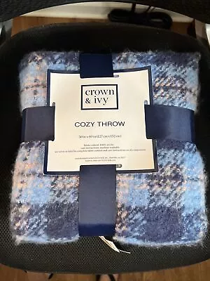 CROWN & IVY Blue Plaid Mohair Cozy Throw Blanket 50”x60” NWT • $40