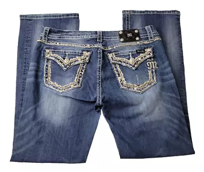 Miss Me Diamond Studded Embroidered Easy Boot Blue Denim Jeans Womens 33x33 • $29.74