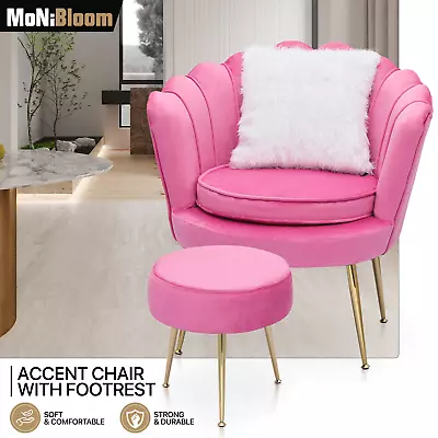 Pink Velvet Office Upholstered Desk Chair Home Makeup Vanity Armchair W/Footrest • $151.99