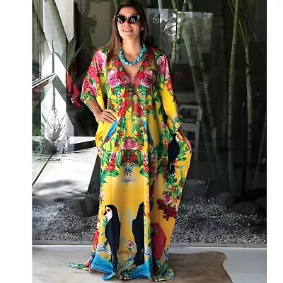 New Embellished Long SILK Blend Kaftan/ Resort Wear Soft And Flowy V Neck • $69