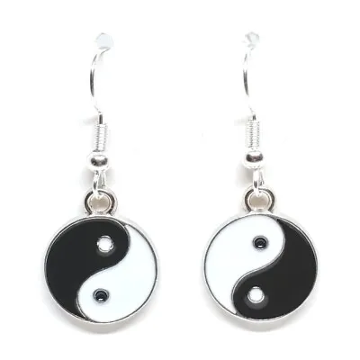 Dangle/Drop Earrings On Hooks With Enamel Black & White Yin Yang Charms • £3.20