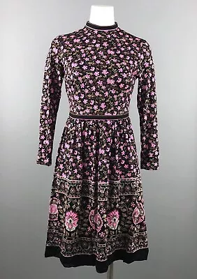 VTG I. Magnin & Co. Mr. Dino Fit Flare Floral Dress 8 Pink Brown 3/4 Sleeve Zip • $98.99