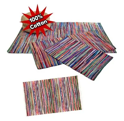 Recycled Cotton Fair Trade Loom Mat Handmade Multi Coloured Chindi Floor Rag Rug • £13.99